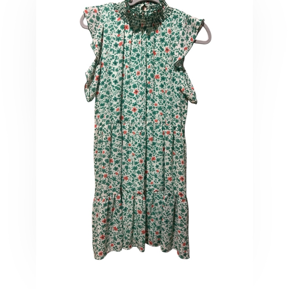 Code x Mode Melloday Mock Neck Ruffle Sleeves Floral Mini Dress Green Size M